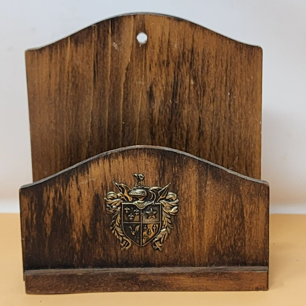 Vintage Wooden Letter Holder With Brass Crest Made In Japan MCM
